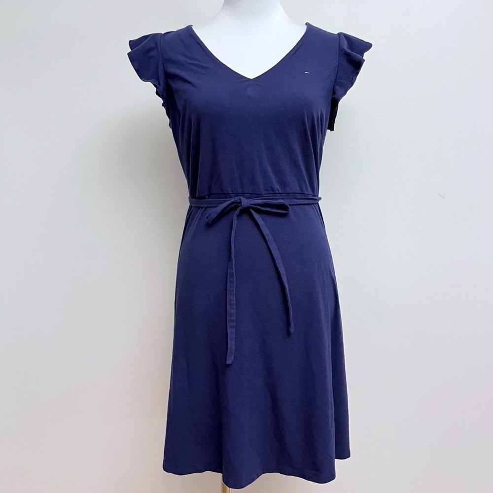 Tommy Hilfiger Navy Blue Flutter Sleeve Tie Waist A Line Casual Mini Dress Large